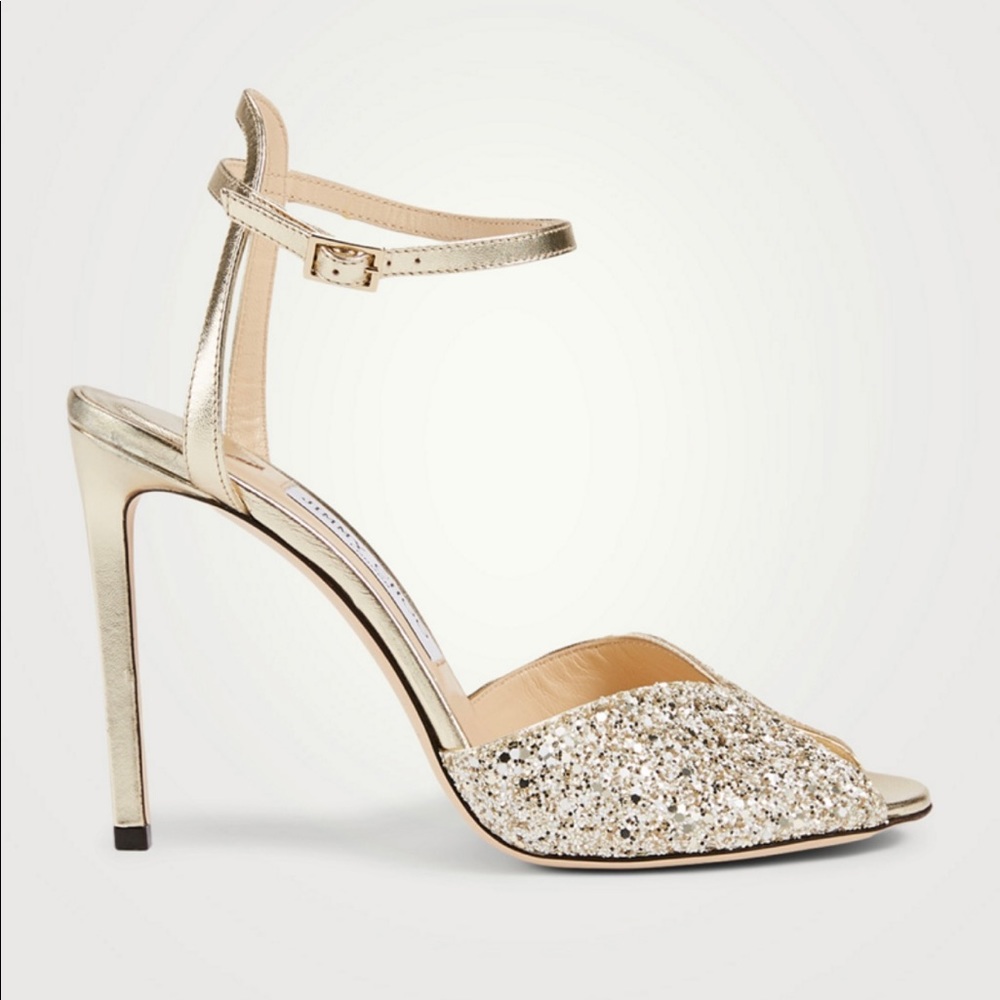 Jimmy Choo Sacora 100 Womens Infinity Glitter Moon Sand Leather Heels Size 35